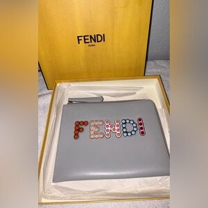 💙SOLD💙Fendi Grayish Blueish  Clutch with Multicolor Logo